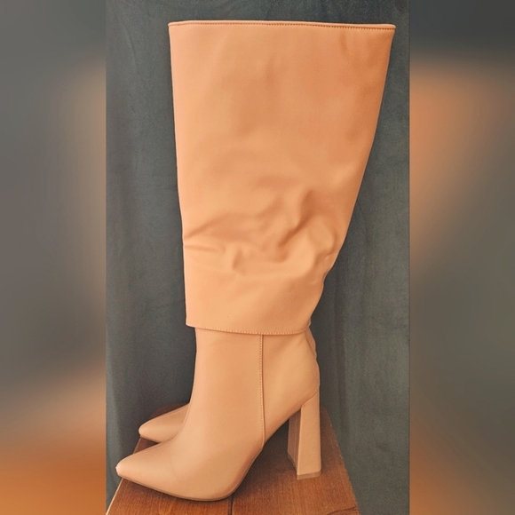 silver circle Shoes - Stunning Fold Over Wrapped Knee High Heeled Boots Sz 8.5 NWOT